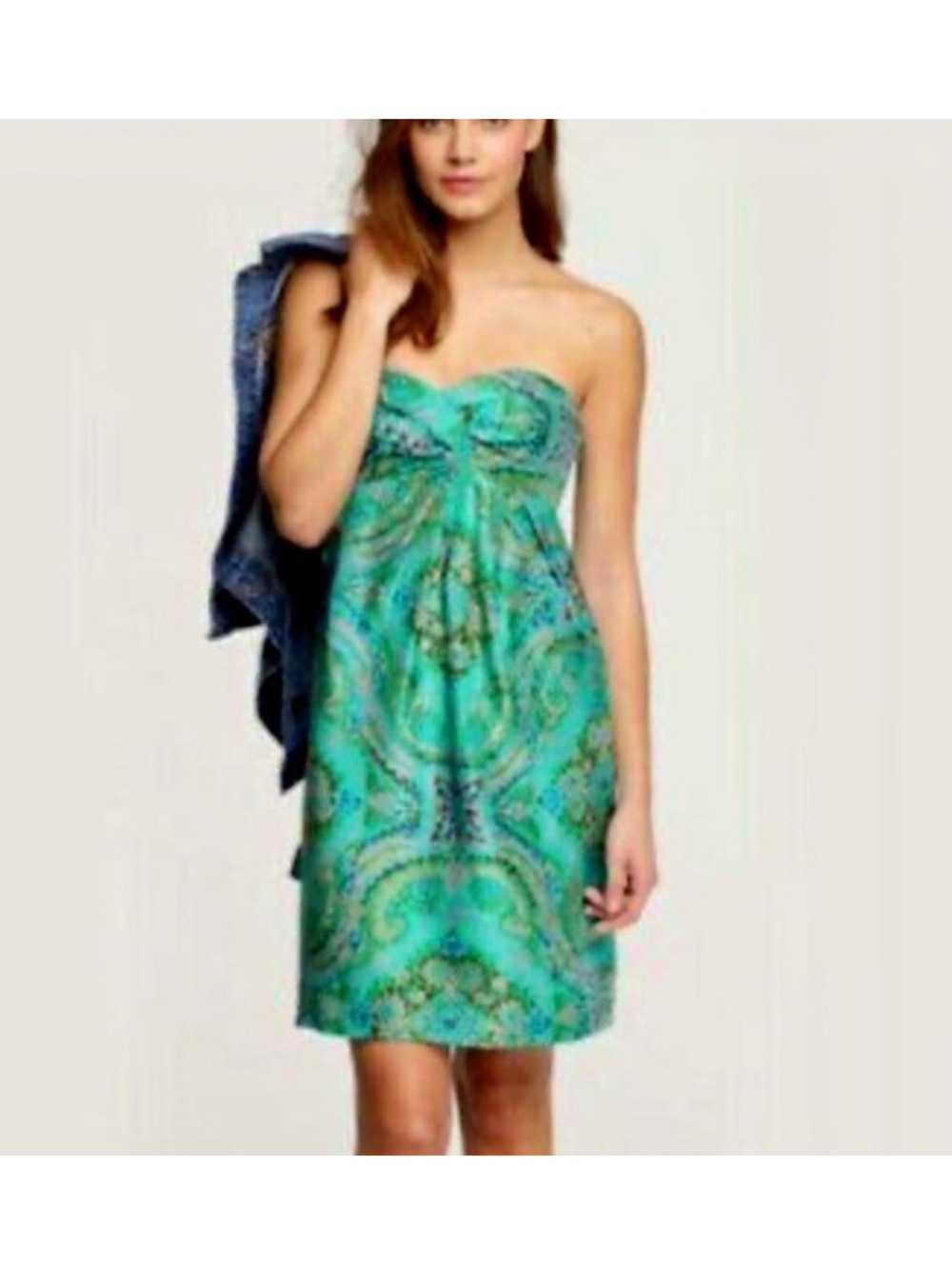 J. Crew Strapless Green Paisley Silk Dress